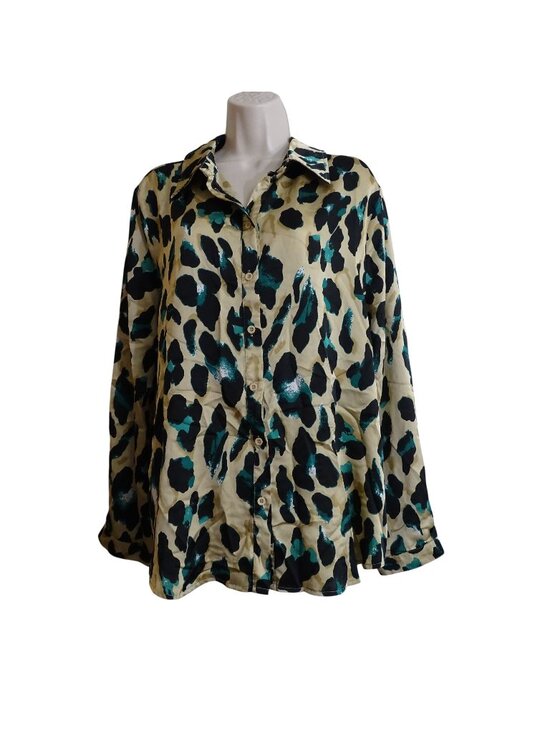Boohoo Tops - Boohoo Animal Print Button Up Collared Blouse Tan Long Sleeve Size 12 Office